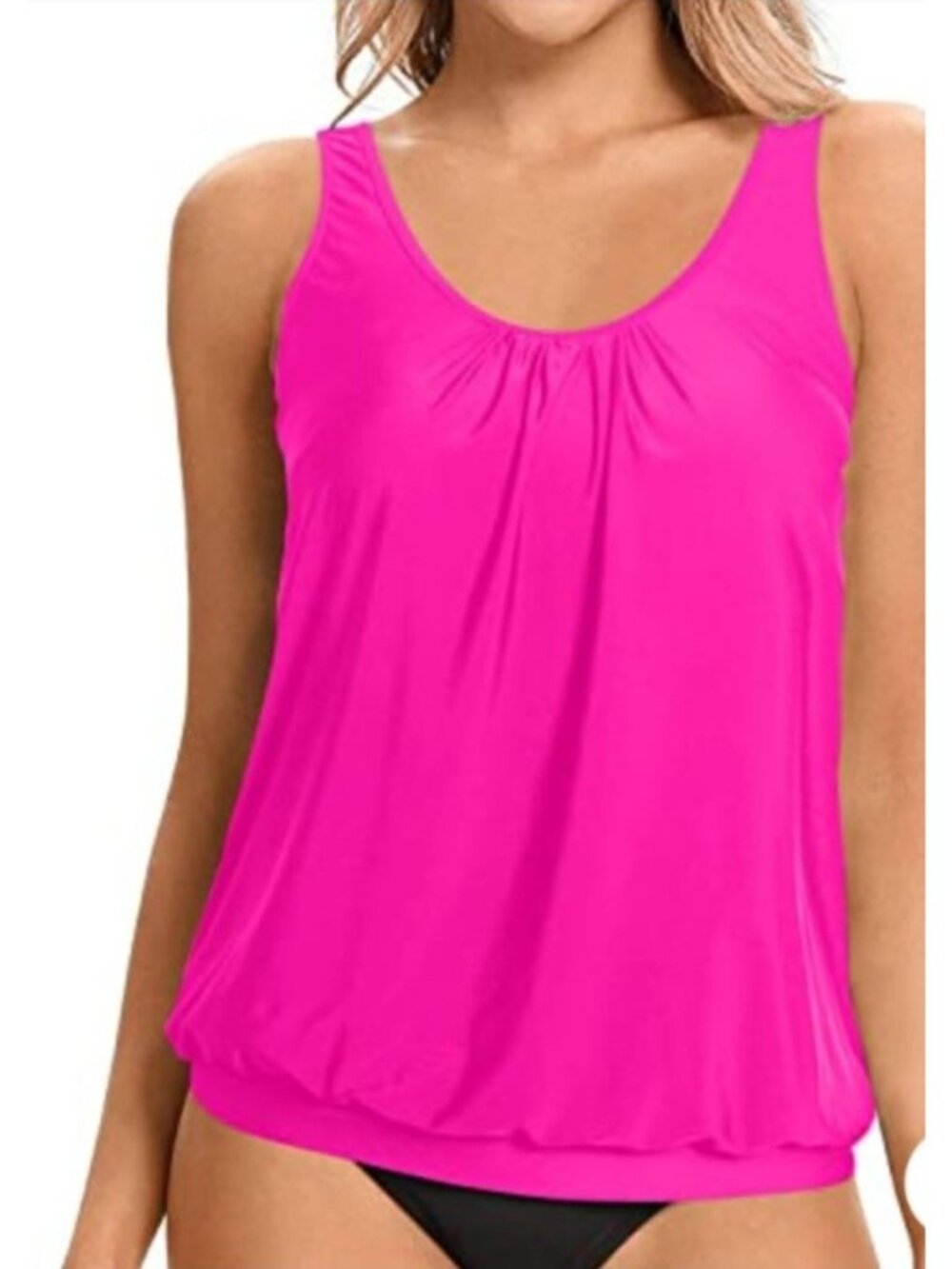 Womens Med Tankini Swim Top Soft Padded Neon Pink Swimwear Adj Straps Beach Pool